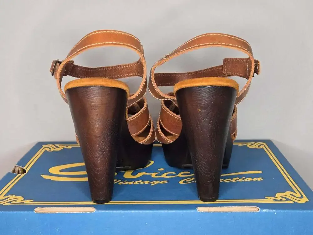 Sbicca Vintage Collection Brown Leather Ankle Strap Platform Heels Women’s 9